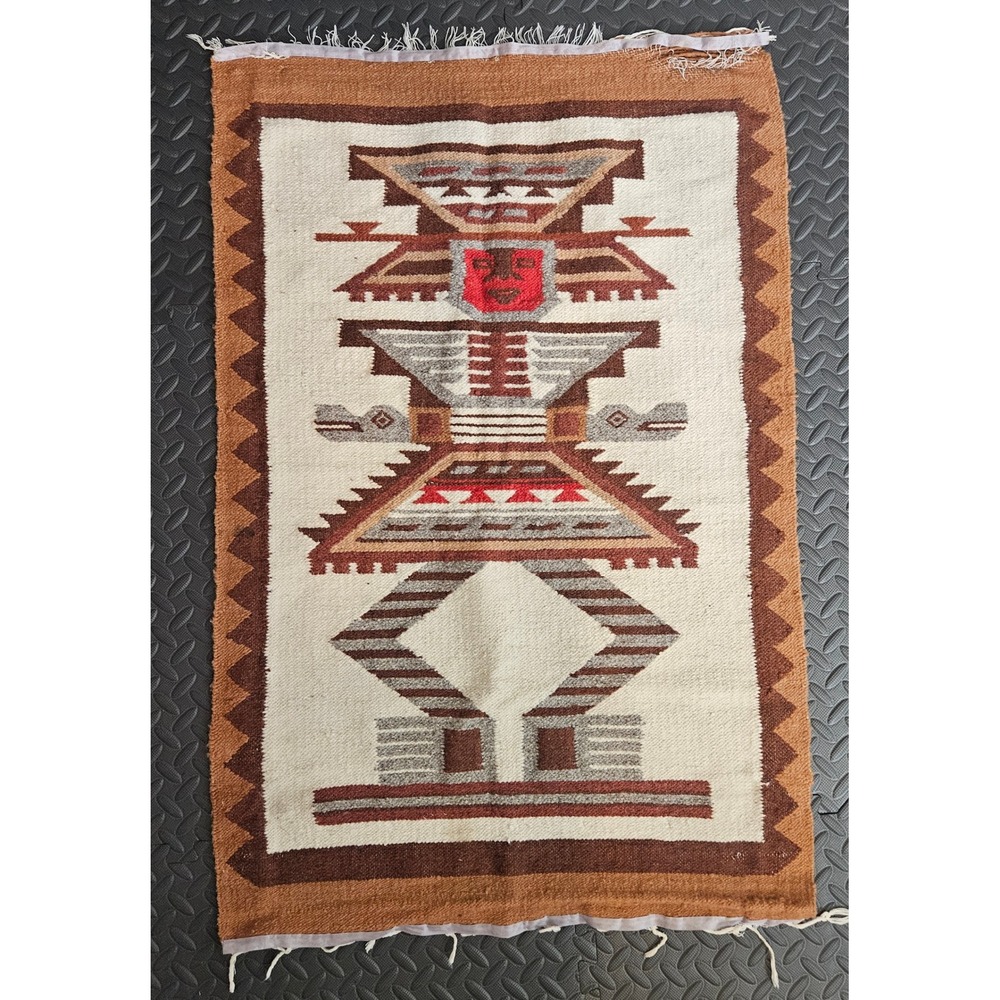 Vintage Andean Handwoven Wool Rug Inca Deity Wall Hanging Terracotta Brown